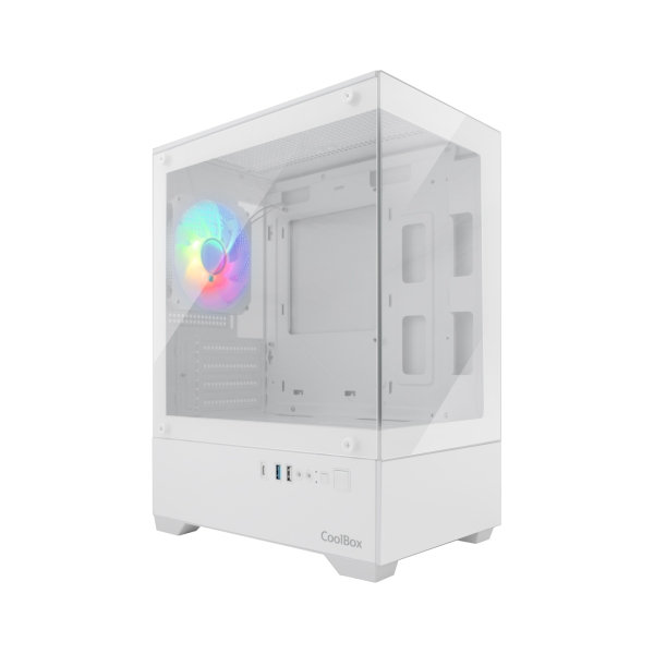 Coolbox GM200 Vision Lite Caja Mini Torre Micro ATX, Mini-ITX - Frontal y Lateral Cristal Templado - Tamaño HDD 3.5" y 2.5" - USB-A 3.2, USB-C 3.2, USB-A 2.0 y Audio - Ventilador Trasero ARGB - Soporta Refrigeracion Liquida - Color Blanco