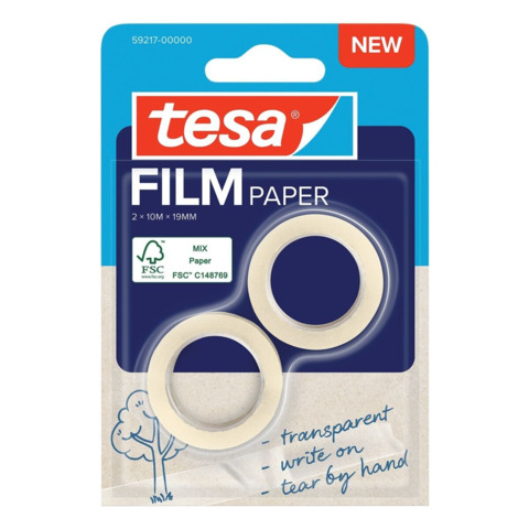 Tesa Paper Pack de 2 Cintas Adhesivas de Papel 19mm x 10 Metros - Casi Invisible en Superficies de Color Claro - Se puede Cortar con la Mano y Escribir sobre ella - Papel Certificado FSC®