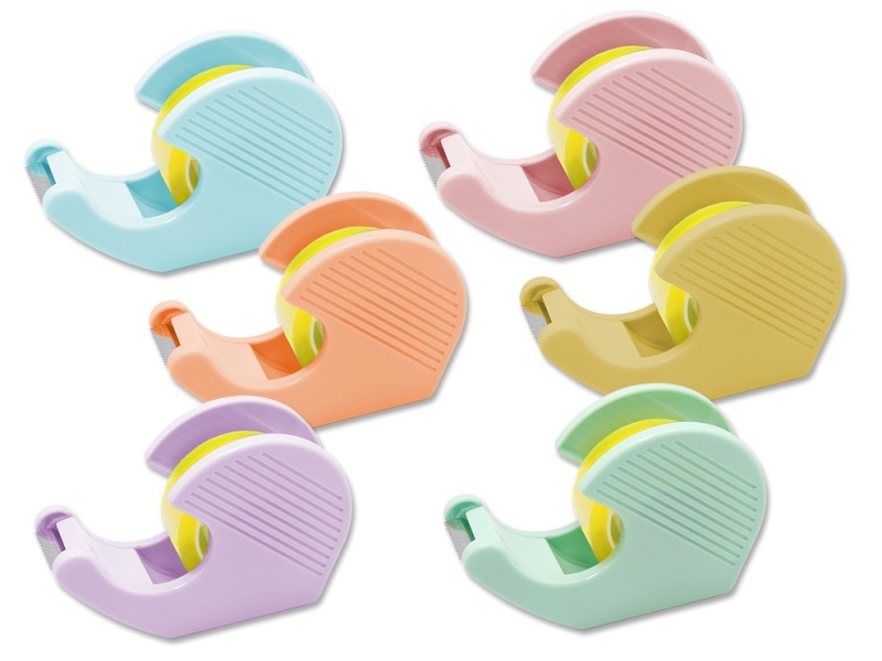 Bismark Pack de Portarrollos con 2 Cintas Adhesivas 19mmx33m - Cuerpo de Plastico - Ideal para Uso Escolar - Colores Pastel Aleatorios