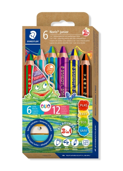 Staedtler Noris Junior Pack de 6 Lapices de Colores Extragruesos Duo + Sacapuntas - 3 en 1, Lapiz, Cera y Acuarelable - 2 Colores en cada Lapiz - Colores Surtidos