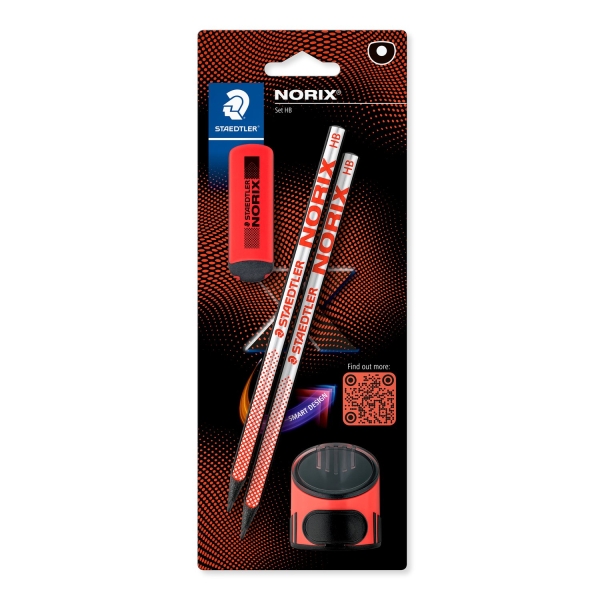 Staedtler Norix Pack de 2 Lapices de Grafito HB + Borrador + Sacapuntas - Madera Negra - Diseño Inteligente