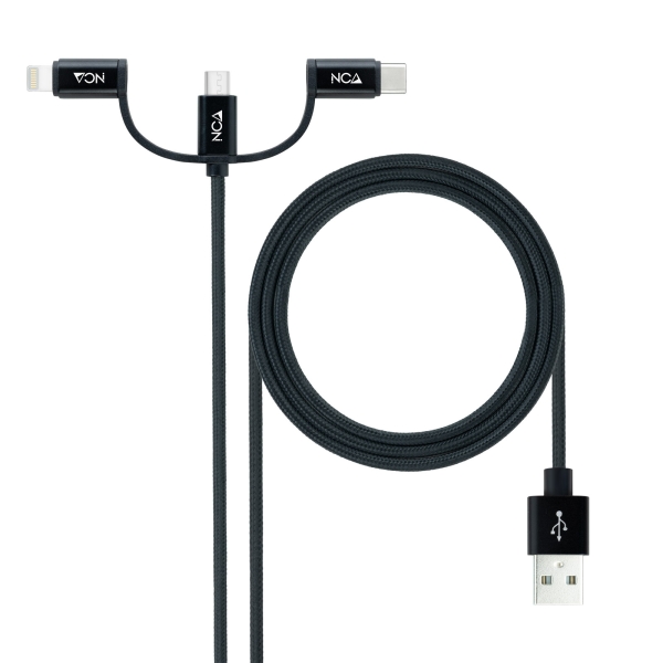Nanocable Cable USB-A 2.0 Macho a USB-C, MicroUSB, Lightning Macho 1m - Color Negro