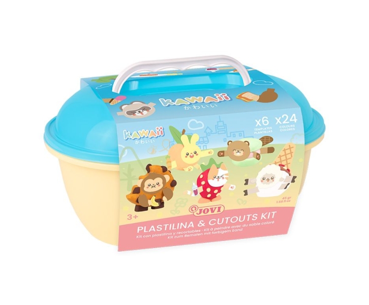 Jovi Kawaii Cofre con 24 Barras de Plastilina 15gr + Modeladores + Recortables - Sin Gluten - Base Vegetal - No se Seca - Colores Surtidos