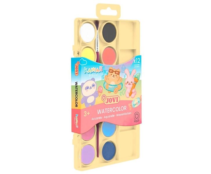 Jovi Kawaii Pack de 12 Acuarelas en Pastilla 22mm + Pincel - Facilmente Mezclables - Colores Kawaii Surtidos