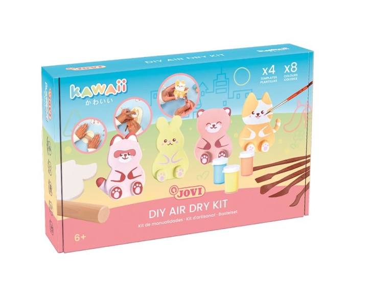 Jovi Kawaii Air Dry Kit con Pasta Endurecible 500gr + 4 Plantillas + Pinturas + Complementos - Facil de Moldear - Colores Surtidos