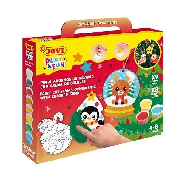 Jovi Play & Fun Kit Pinta con Arena Christmas Ornaments con 8 Botes de Arena + 1 Punzon + 3 Laminas con Diseños Navideños - Colores Surtidos