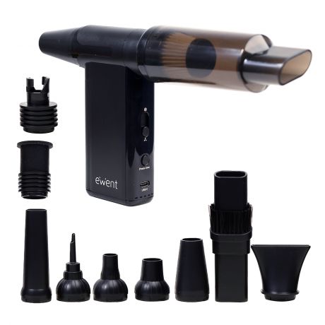 Ewent Pistola de Aire Comprimido - Aspirador, Bomba de Vacio e Inflador - 8 Velocidades -180000 RPM  - Bateria de 8000mah - Color Negro