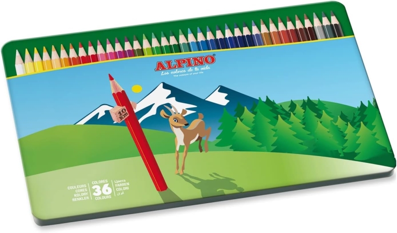 Alpino Caja Metalica con 36 Lapices de Colores Hexagonales - Mina de 3mm - Resistente a la Rotura - Bandeja Extraible - Colores Surtidos