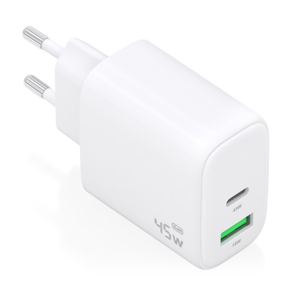 Aisens Cargador GAN 45W - 1xUSB-C PD3.0 QC4.0 y 1xUSB-A QC3.0 - Color Blanco