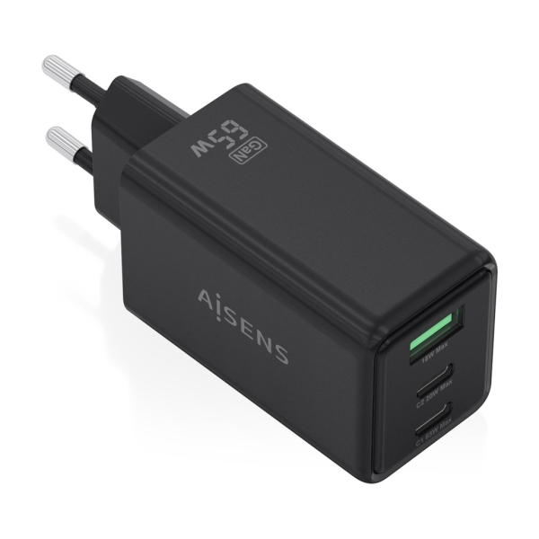Aisens Cargador GAN 65W - 2xUSB-C PD3.0 QC4.0 y 1xUSB-A QC3.0 - Color Negro