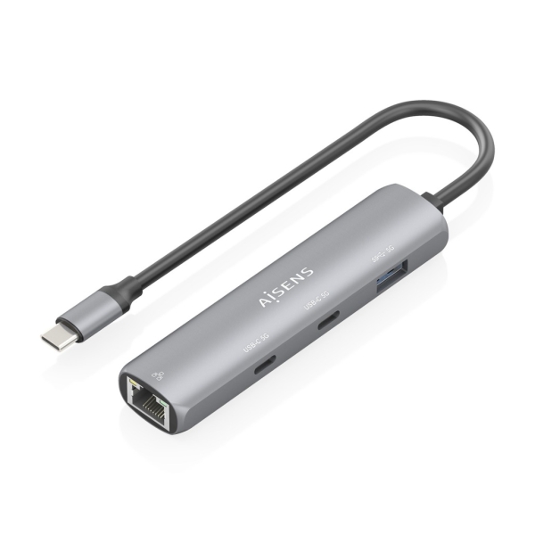 Aisens ASUC-4P040-GR Adaptador de Red USB-C a Ethernet Gigabit + Hub 2xUSB-C y 1xUSB-A 3.0 - 15cm - Color Gris