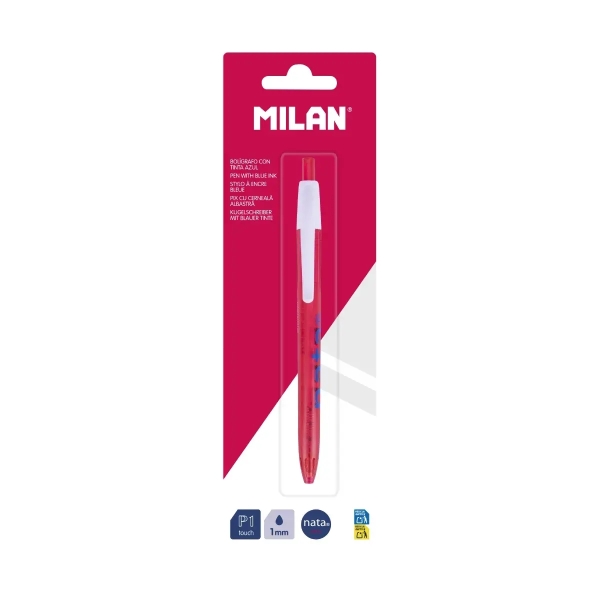 Milan P1 Nata® 624 Boligrafo de Bola Retractil - Punta Redonda 1mm - Tinta Color Azul - Cuerpo de Color Rosa/Blanco