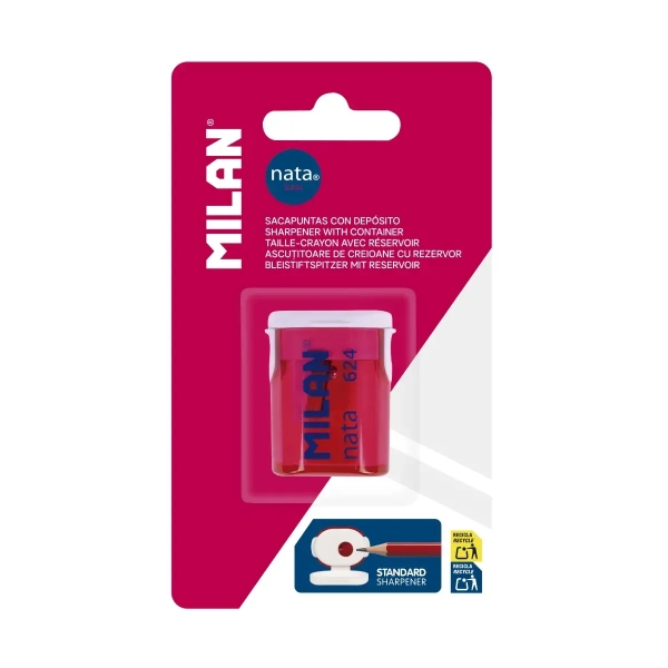 Milan Nata® 624 Sacapuntas con Deposito - Cuchilla de Acero - Color Rosa/Blanco