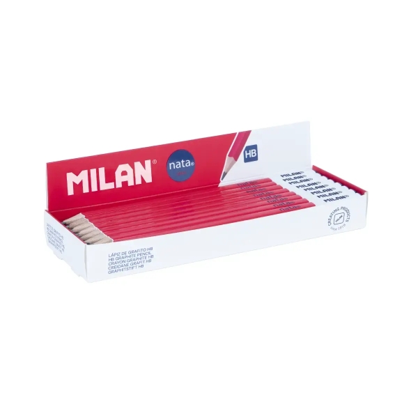 Milan Nata 624 Caja Expositora con 24 Lapices de Grafito HB - Forma Cuadrada - Mina de Trazo Uniforme y Resistente a la Rotura - Cuerpo de Color Rosa/Blanco