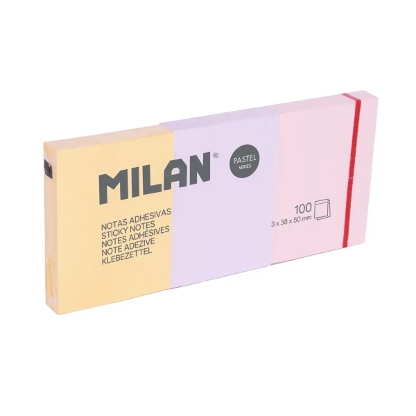 Milan Pastel Pack con 3 Blocs de 100 Notas Adhesivas Removibles 38x50mm - Colores Pastel Surtidos