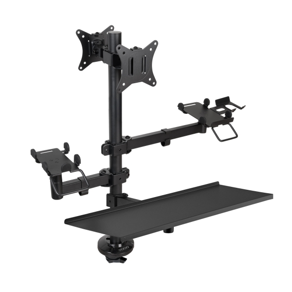 Tooq Soporte de Mesa para 2 Monitores de 17"-32" + Soportes para Impresora TPV, Lector de Codigos, Datafono + Bandeja para Teclado y Raton - Gestion de Cables - Peso Max 9kg x Brazo - VESA 100x100mm