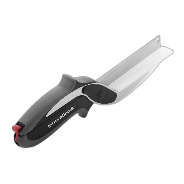 Innovagoods Cuchillo Tipo Tijera con Mini Tabla de Cortar Integrada - Mango Antideslizante - Multifuncion - Bloqueo de Seguridad - 7.5x25x3cm - Color Plata y Negro