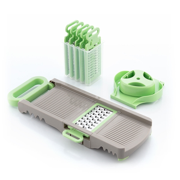 Innovagoods Choppie Mandolina 6 en 1 con Rallador - Plegable - Multifuncion - Incluye Accesorios - Facil Limpieza - Compacto y Ligero - Seguro - 14.5x14x16cm - Color Verde y Gris
