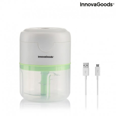 Innovagoods Echoppie Mini Picadora Recargable - Potencia 40W - Capacidad 250ml - Cuchillas de Acero Inoxidable - Bateria de 1300mAh - Velocidad de 30.000rpm - Color Gris, Verde y Transparente