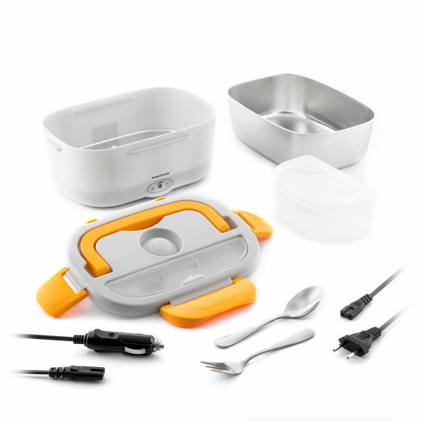 Innovagoods Lunffi Fiambrera Electrica - Capacidad 1.5L - Temperatura hasta 90°C - Potencia 60W - Cables Extraibles - Recipiente de Acero Inoxidable - Tapa con Valvula - Color Naranja y Blanco