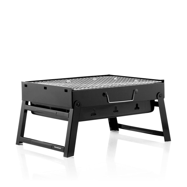Innovagoods BearBQ Barbacoa Portatil de Sobremesa - Hierro - Plegable - Capacidad hasta 1.5kg de Carbon - Parrilla Extraible de 35X27cm - Facil Limpieza - Compacta - Ligera - 41x28x20cm - Color Negro