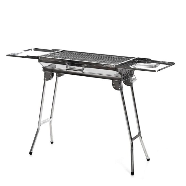 Innovagoods ExelQ Barbacoa Portatil de Acero Inoxidable - Plegable - Parrilla Extraible de 57X29cm - Asas de Transporte - Paraviento - Capacidad hasta 1.5kg de Carbon - 81x73x33cm - Color Gris