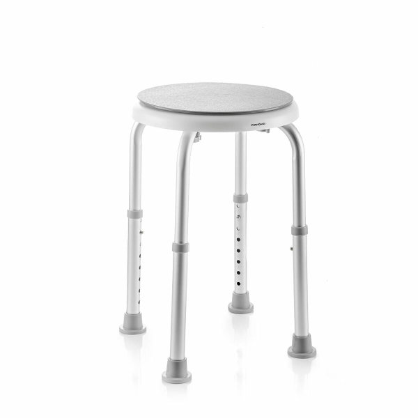 Innovagoods Roshawer Taburete de Aseo Giratorio - Altura Regulable - Asiento Giratorio - Antideslizante - Resistente - Facil Montaje - Soporta hasta 130kg - Ergonomico - Color Blanco y Gris
