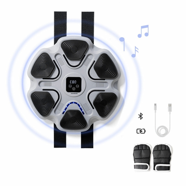 Innovagoods Beatfist Maquina de Boxeo Musical con 6 Paneles - Bluetooth - Pantalla Digital - Luces LED - Guantes Incluidos - 9 Velocidades - 37.5x37.5x5cm - Color Gris y Negro