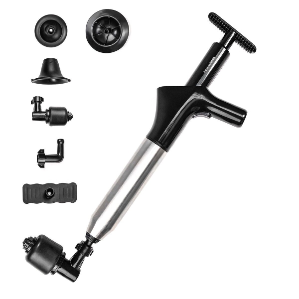 Innovagoods Jetpro Desatascador de Aire Comprimido 5 en 1 con Accesorios - Alta Presion - Acero Inoxidable - Manometro Incluido - Presion Ajustable - Color Negro