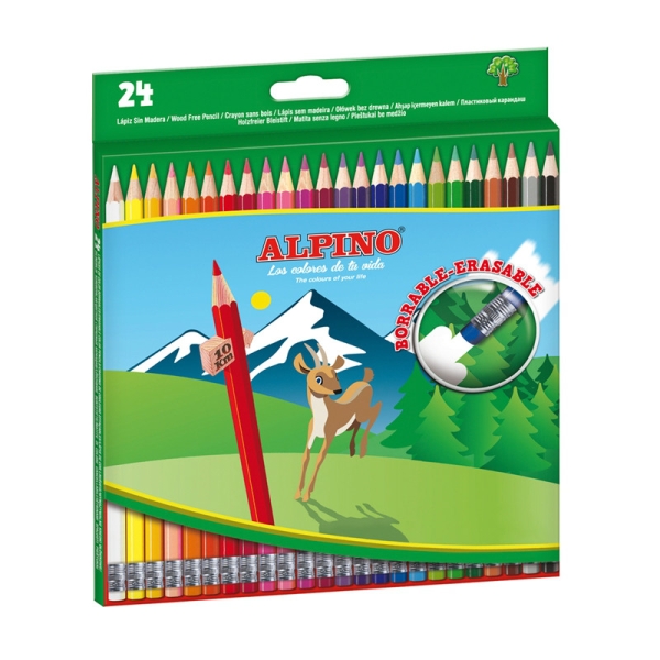 Alpino Pack con 24 Lapices de Colores Hexagonales Borrables - Mina de 3mm - Goma de Borrar del mismo Color - Resistente a la Rotura - Colores Surtidos