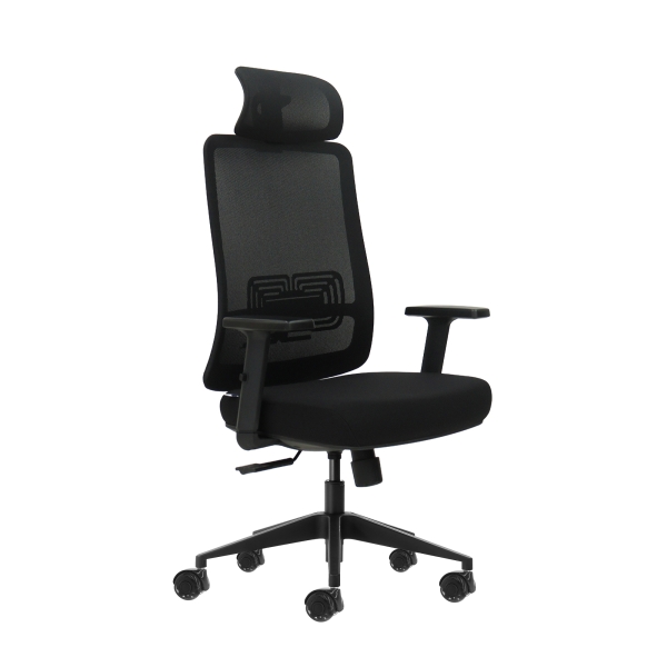 Oqonos Cherg 016 Silla de Oficina Ergonomica con Reposacabezas Cervical Ajustable, Tejido Impermeable, Mecanismo Autobalanceado, Soporte Lumbar Ajustable, Reposabrazos Ajustables en Altura y Ruedas de Silicona - Negro