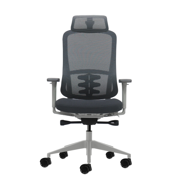 Oqonos Cherg 022 Silla de Oficina Ergonomica con Reposacabezas Cervical Ajustable, Mecanismo Autobalanceado, Reposabrazos 4D, Asiento Deslizable y Ruedas de Silicona - Gris