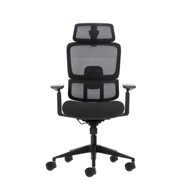 Oqonos Cherg 027 Silla de Oficina Ergonomica con Reposacabezas Cervical Ajustable, Respaldo y Asiento de Malla Elastica, Respaldo Regulable en Altura, Lumbar Ajustable, Reposabrazos 4D y Ruedas de Silicona - Negro