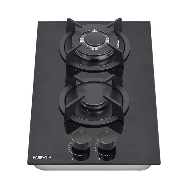 Muvip MV0627 Cocina de Gas Encastrable - 2 Zonas de Coccion de 26cm - Quemador y Soportes de Hierro Fundido - Cristal Templado de Alta Resistencia - Sistema de Encendido Electrico - Dispositivo de Seguridad Apagado de Llama