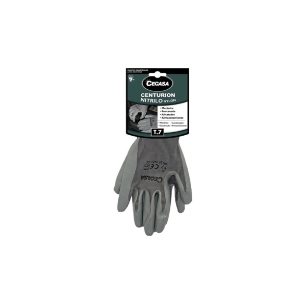 Cegasa Centurion Guantes de Trabajo Talla 7 - Fabricados en Nylon con Recubimiento de Nitrilo en Palma y Dedos - Color Gris