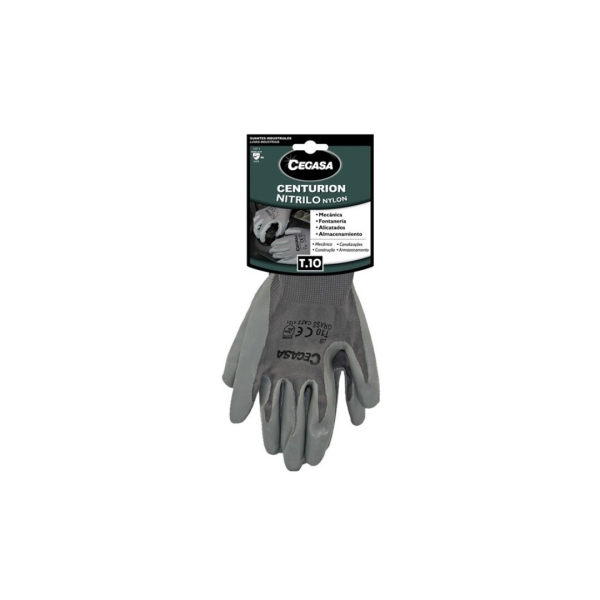 Cegasa Centurion Guantes de Trabajo Talla 10 - Fabricados en Nylon con Recubimiento de Nitrilo en Palma y Dedos - Color Gris
