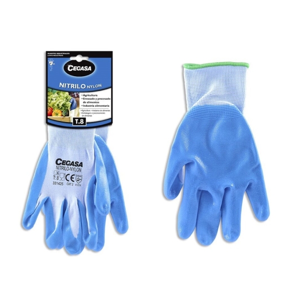 Cegasa Guantes de Trabajo Talla 8 - Fabricados en Nylon con Recubimiento de Nitrilo en Palma y Dedos - Color Azul