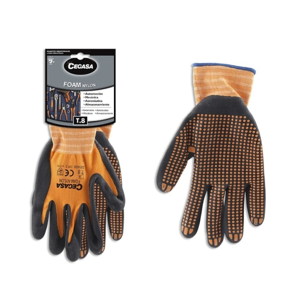 Cegasa Guantes de Trabajo Talla 8 - Fabricados en Nylon con Recubimiento de Foam con Dots de Nitrilo en Palma - Color Negro/Naranja