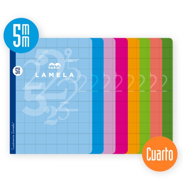 Lamela Pack de 10 Libretas Grapadas con 50 Hojas de 70g/m2 con Margen - Formato Cuarto - Pauta Cuadrovia de 5mm - Cubierta de Cartoncillo Plastificado - Papel Offset Blanco Extra - Colores Surtidos