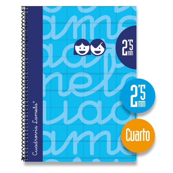 Lamela Cuaderno Espiral con 80 Hojas de 70g/m2 con Margen - Formato Cuarto - Pauta Cuadrovia de 2.5mm - Cubierta Extra Dura - Papel Offset Blanco Extra - Color Azul