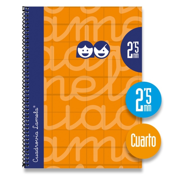 Lamela Cuaderno Espiral con 80 Hojas de 70g/m2 con Margen - Formato Cuarto - Pauta Cuadrovia de 2.5mm - Cubierta Extra Dura - Papel Offset Blanco Extra - Color Naranja