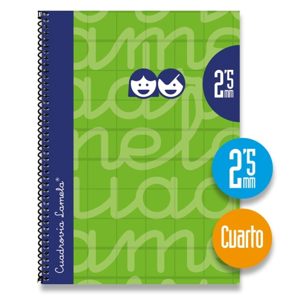 Lamela Cuaderno Espiral con 80 Hojas de 70g/m2 con Margen - Formato Cuarto - Pauta Cuadrovia de 2.5mm - Cubierta Extra Dura - Papel Offset Blanco Extra - Color Verde