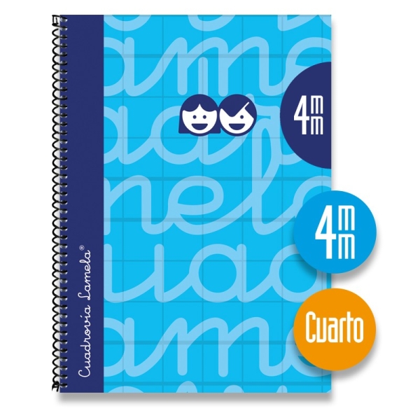 Lamela Cuaderno Espiral con 80 Hojas de 70g/m2 con Margen - Formato Cuarto - Pauta Cuadrovia de 4mm - Cubierta Extra Dura - Papel Offset Blanco Extra - Color Azul
