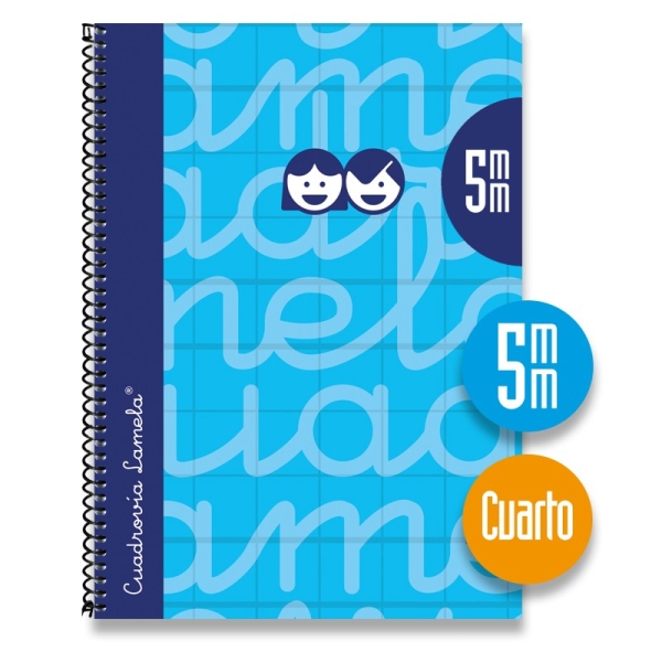 Lamela Cuaderno Espiral con 80 Hojas de 70g/m2 con Margen - Formato Cuarto - Pauta Cuadrovia de 5mm - Cubierta Extra Dura - Papel Offset Blanco Extra - Color Azul