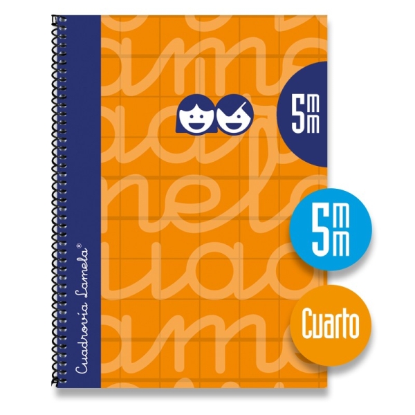 Lamela Cuaderno Espiral con 80 Hojas de 70g/m2 con Margen - Formato Cuarto - Pauta Cuadrovia de 5mm - Cubierta Extra Dura - Papel Offset Blanco Extra - Color Naranja