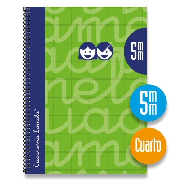 Lamela Cuaderno Espiral con 80 Hojas de 70g/m2 con Margen - Formato Cuarto - Pauta Cuadrovia de 5mm - Cubierta Extra Dura - Papel Offset Blanco Extra - Color Verde