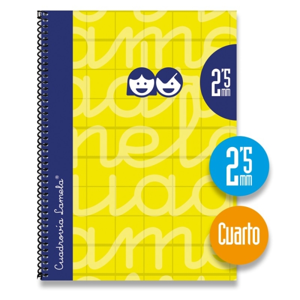 Lamela Cuaderno Espiral con 80 Hojas de 70g/m2 con Margen - Formato Cuarto - Pauta Cuadrovia de 2.5mm - Cubierta Extra Dura - Papel Offset Blanco Extra - Color Amarillo