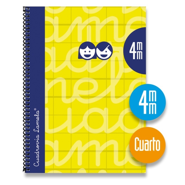 Lamela Cuaderno Espiral con 80 Hojas de 70g/m2 con Margen - Formato Cuarto - Pauta Cuadrovia de 4mm - Cubierta Extra Dura - Papel Offset Blanco Extra - Color Amarillo