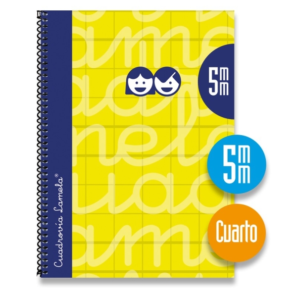 Lamela Cuaderno Espiral con 80 Hojas de 70g/m2 con Margen - Formato Cuarto - Pauta Cuadrovia de 5mm - Cubierta Extra Dura - Papel Offset Blanco Extra - Color Amarillo