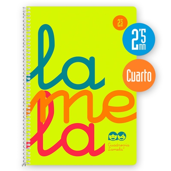 Lamela Cuaderno Espiral con 80 Hojas de 90g/m2 con Margen - Formato Cuarto - Pauta Cuadrovia de 2.5mm - Cubierta Extra Dura - Papel Offset Blanco Extra - Color Amarillo